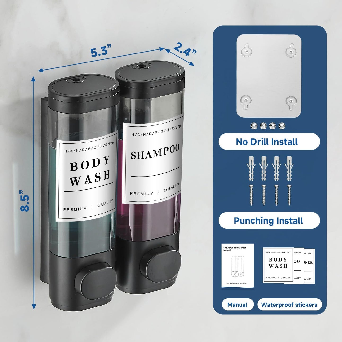 Shampoo and Conditioner Dispenser Bathroom Shower Soap Dispenser Wall Mounted Sh