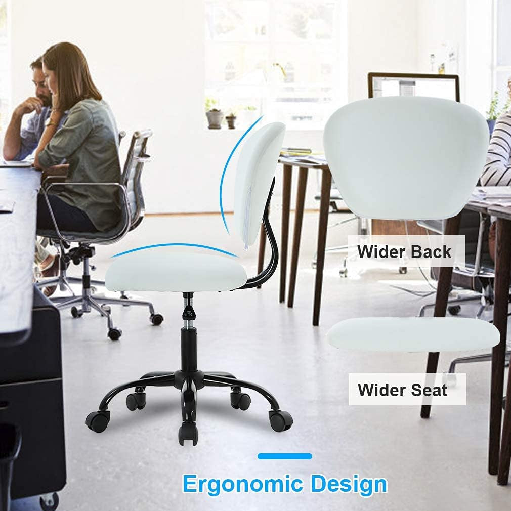 Office Chair Ergonomic Cheap Desk Chair PU Leather Computer Chair Task Rolling Swivel Stool Mid Back Executive Chair with Lumbar Support, White