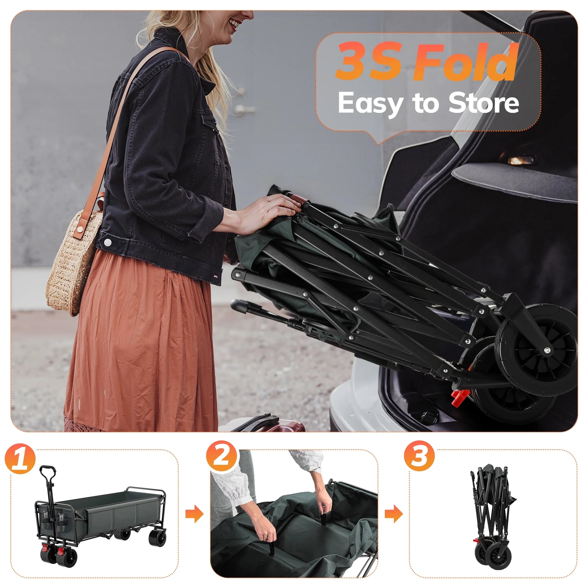 51.2" Large Collapsible Folding Wagon Cart, 560 Lbs Load Capacity, Heavy-Duty Steel Frame & Oversized Wheels for Grocery Shopping, Camping, Sports, Moving – Gray