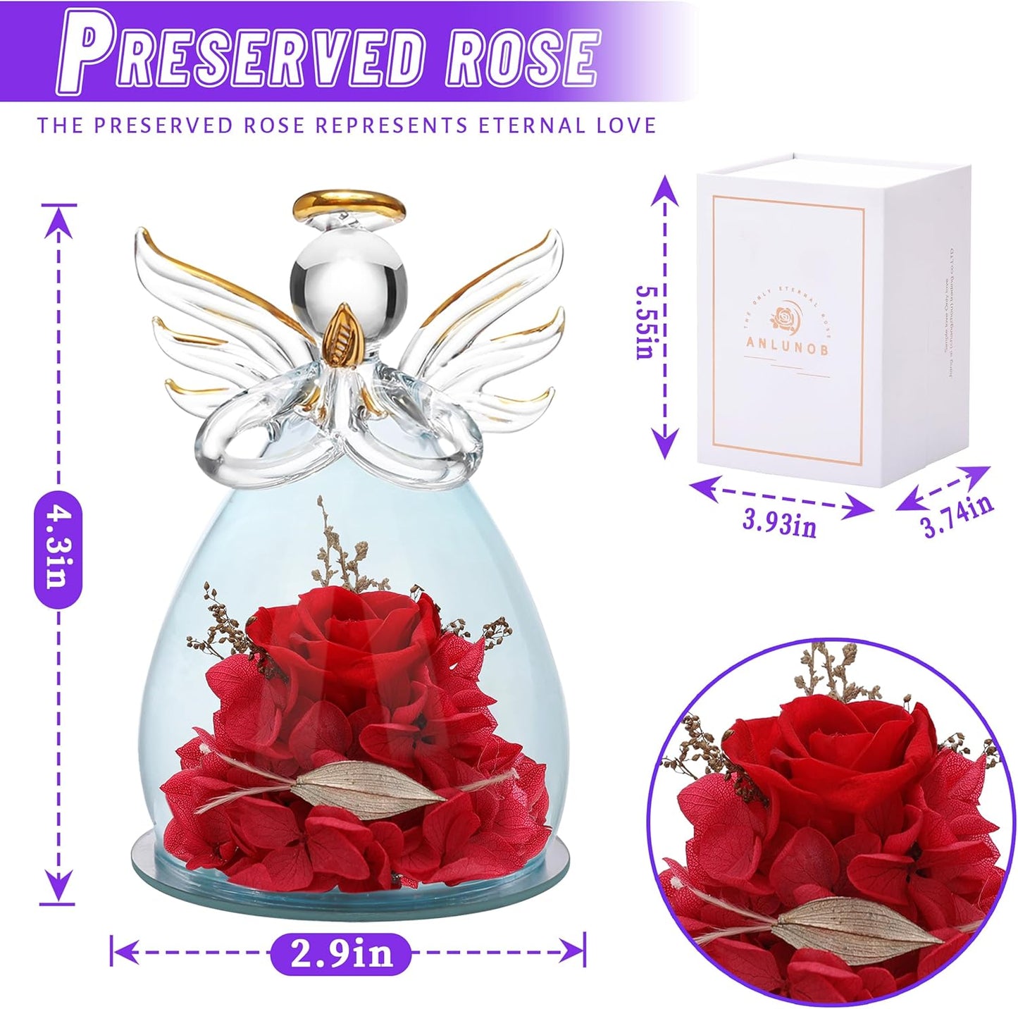 Preserved Rose Birthday Gifts for Women Mom Grandma Wife, Glass Angel Figurines Gifts with Pretty Red Flowers for Anniversary Wedding