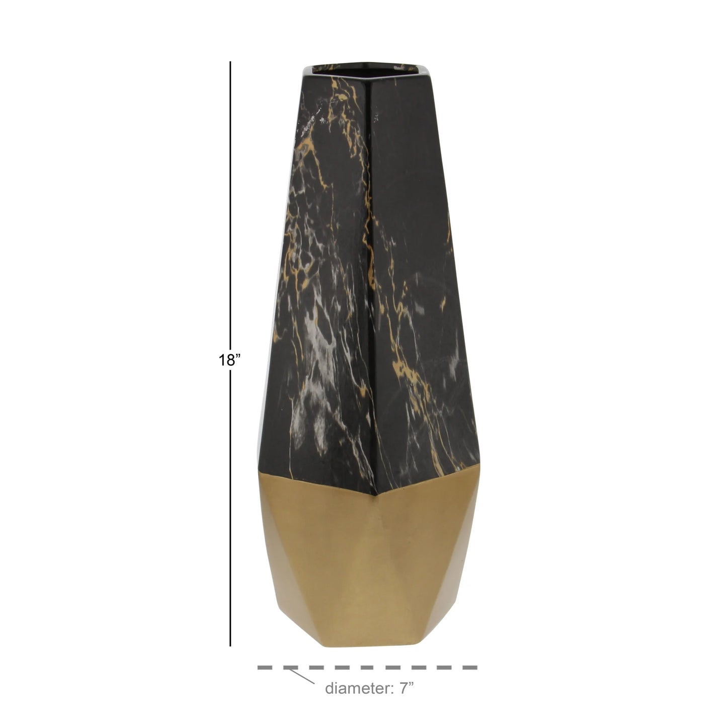 18" Faux Marble Dark Gray Ceramic Vase with Gold Base