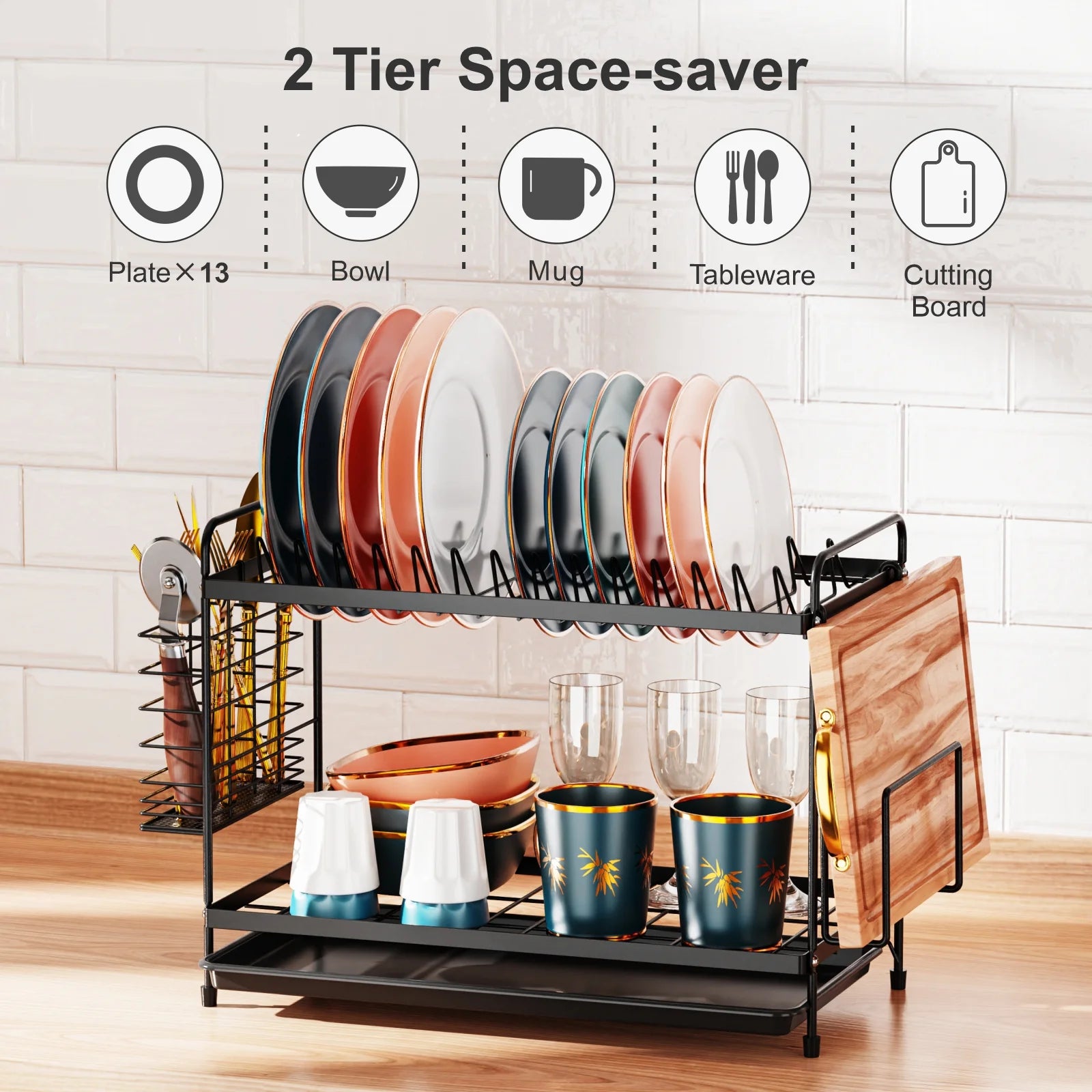 2 Tier Dish Racks Dish Drainers with Water Tray Cutlery Holder for Small Kitchen Households Black, 18.90 X 8.27 X 11.81 Inches