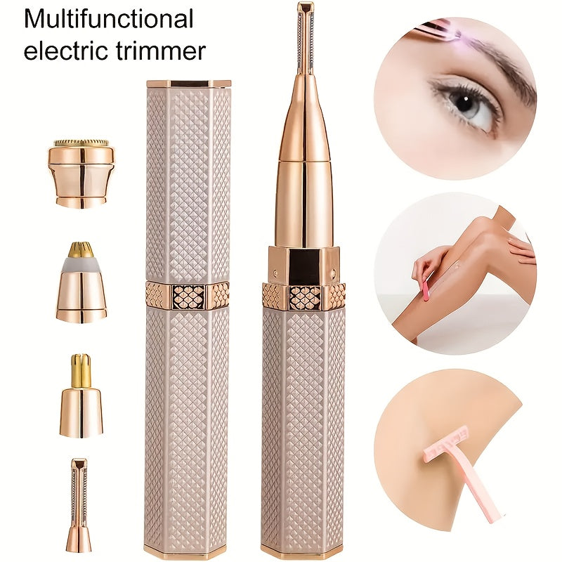 4-in-1 Portable Electric Trimmer Kit - USB Rechargeable, 150mAh Lithium Polymer Battery, Rose Golden & White - Ideal for Eyebrows, Nose, Legs, Armpits & Bikini Hair Removal with Precision Attachments, Personal Grooming Kit|St