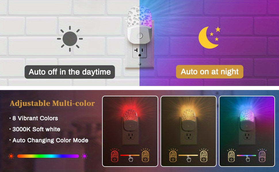 2pcs Night Lights Plug Into Wall, LED Night Light, 8-Color Changing RGB Night Light With Dusk To Dawn Sensor, RGB Mode Nightlight Christmas Gifts