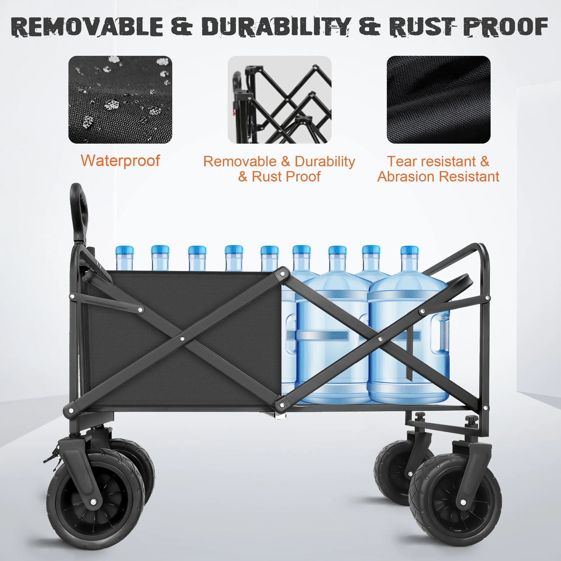 560Lbs Collapsible Folding Wagon, Big Bucket Beach Cart, Heavy Duty Large Capacity Garden Wagon with Multi-Terrain Brake Wheels for Outdoor Camping, Shopping, Sports, Grocery, Kids, Black