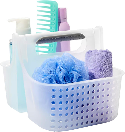 2-Compartment Soft Grip Shower Tote for Bathroom Organization, Plastic Storage Shower Caddy Bucket, Small, Frost