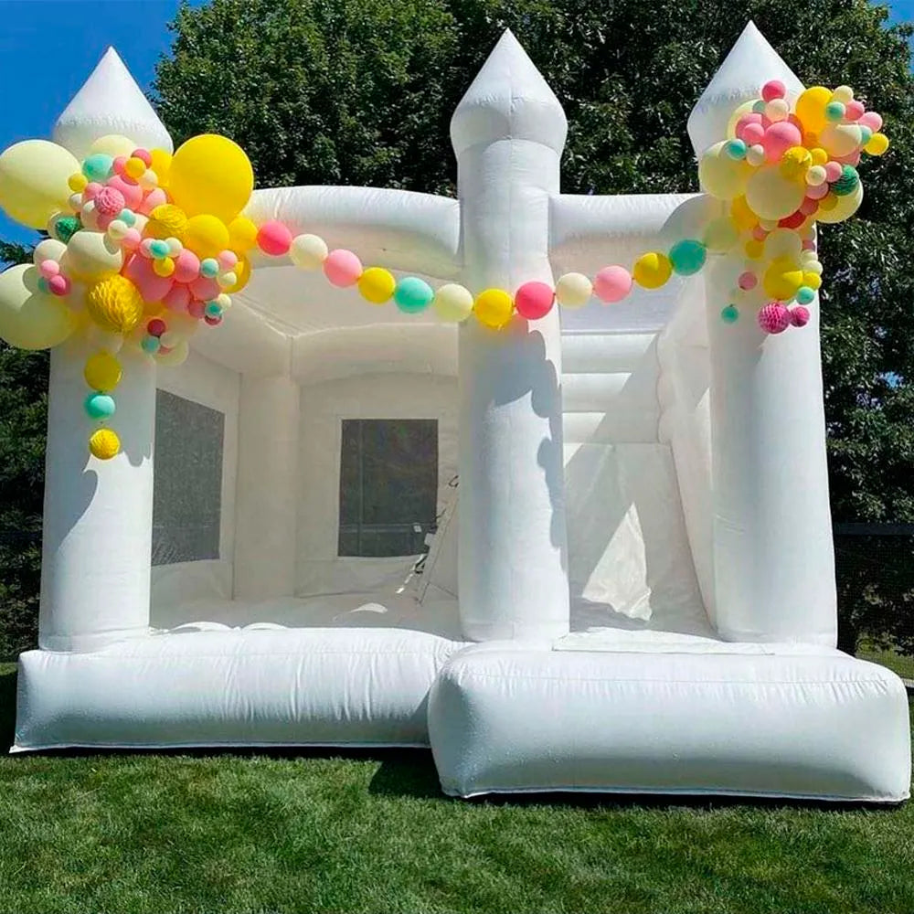 Wholesale Commercial White Wedding Bounce House with Turret Top Inflatable Bouncy Castle Slide Combo Jumping Bouncer for Kids and Adults