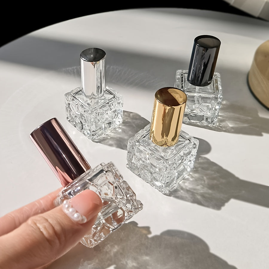 4-Pack 10ml Square Textured Glass Perfume Bottles, Portable Mini Spray Atomizer, Refillable, Travel-Friendly, with Fine Mist Sprayer, Elegant Personal Fragrance Vial, Assorted Metallic Caps