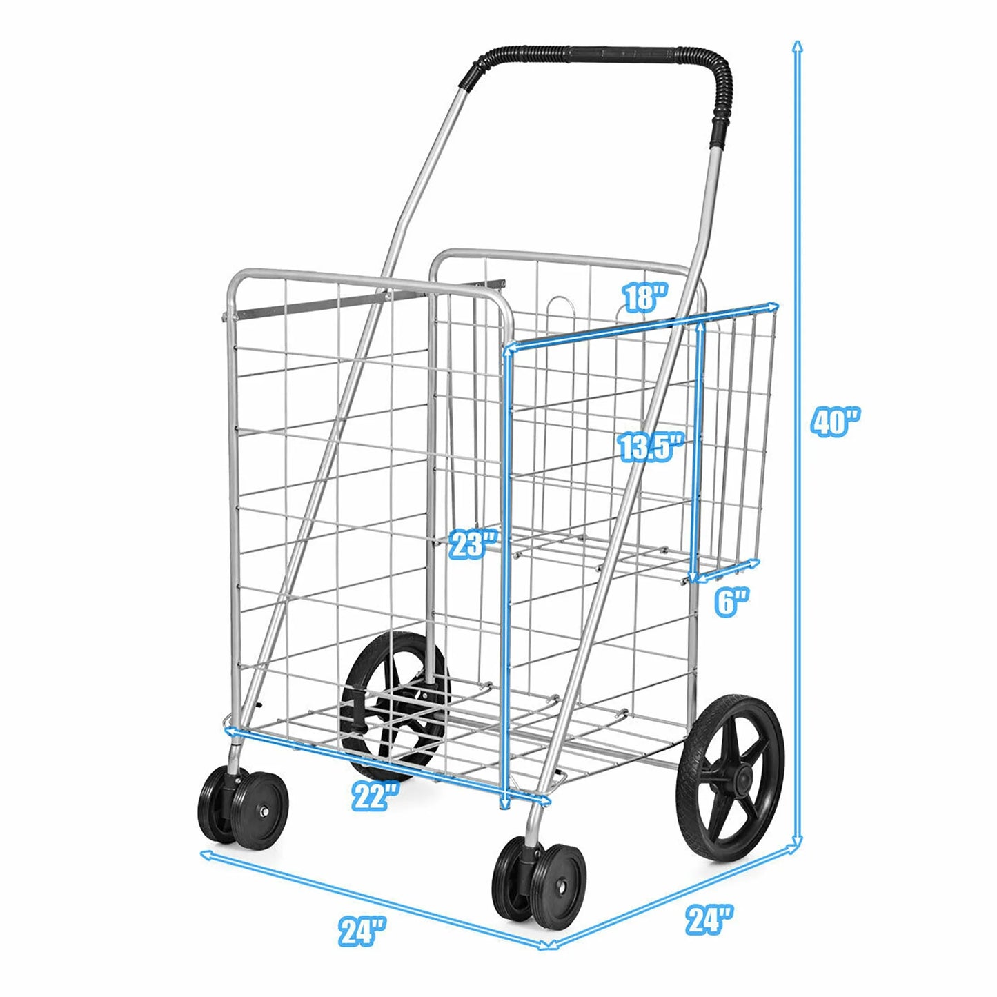 Utility Shopping Cart Foldable Jumbo Basket Outdoor Grocery Laundry Silver