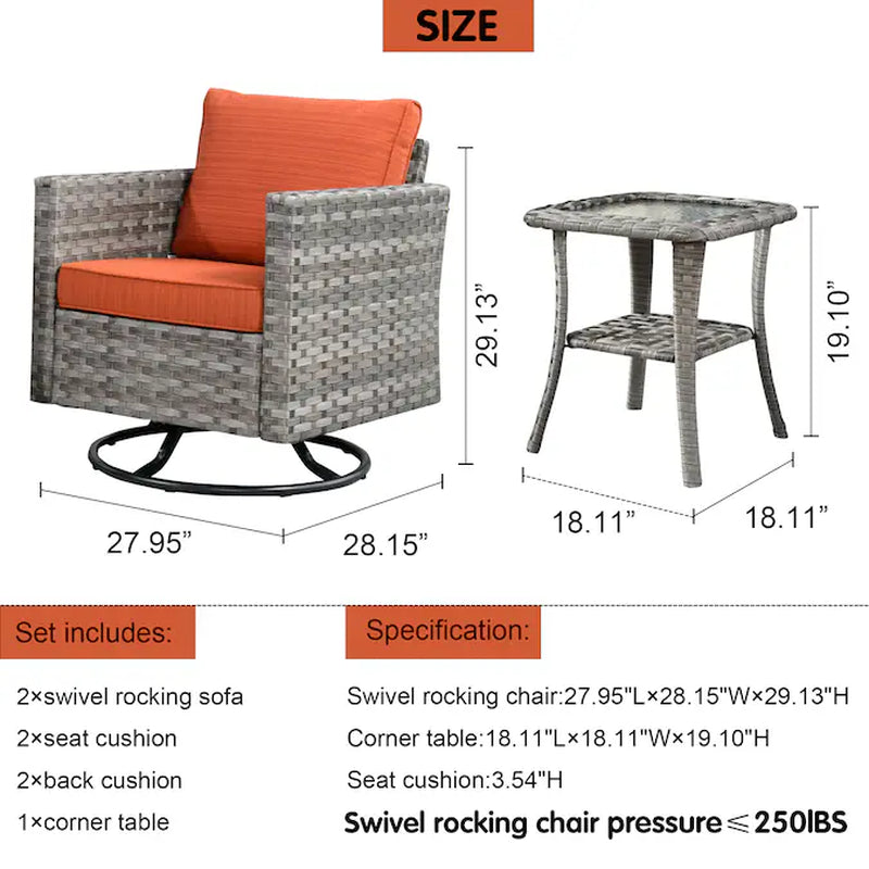 Shine Set of 2 Rattan Gray Swivel Rocker Rocking Chair with Orange Cushioned Seat
