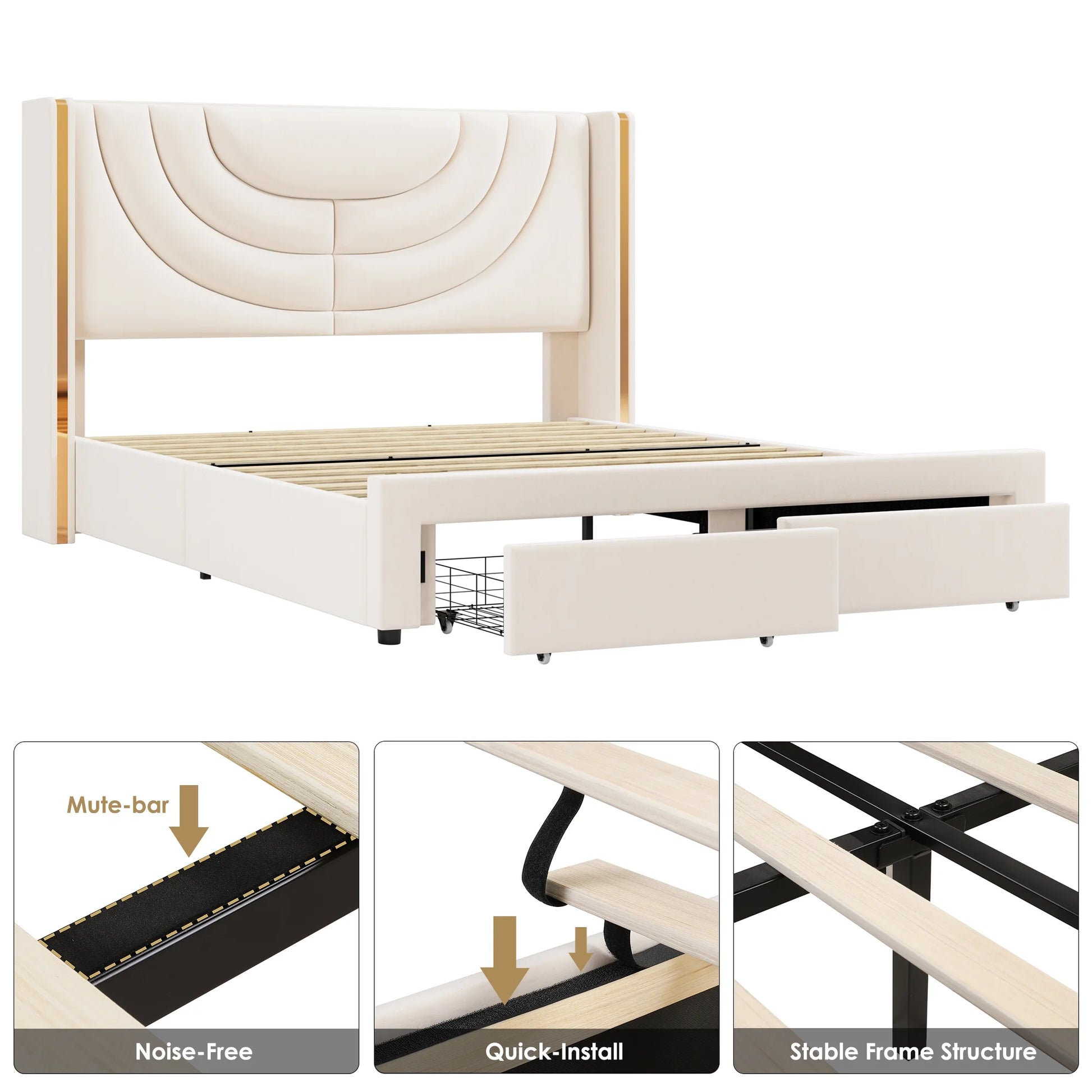 Queen Size LED Bed Frame with 2 Drawer Storage, Wingback Platform Bed with Velvet Upholstered Headboard, Off-White