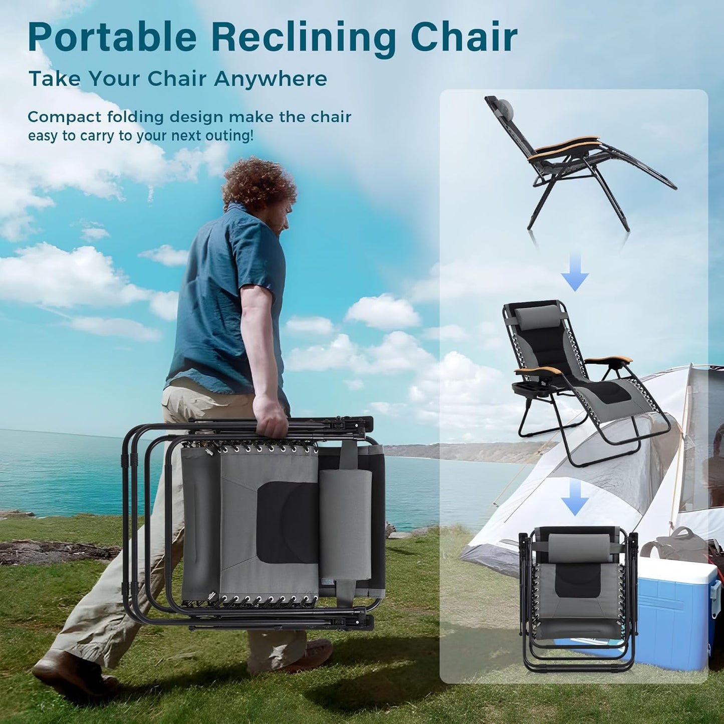 Zero Gravity Chairs, Oversized Patio Recliner Chair, Padded Folding Lawn Chair with Cup Holder Tray, Support 400Lbs, Grey