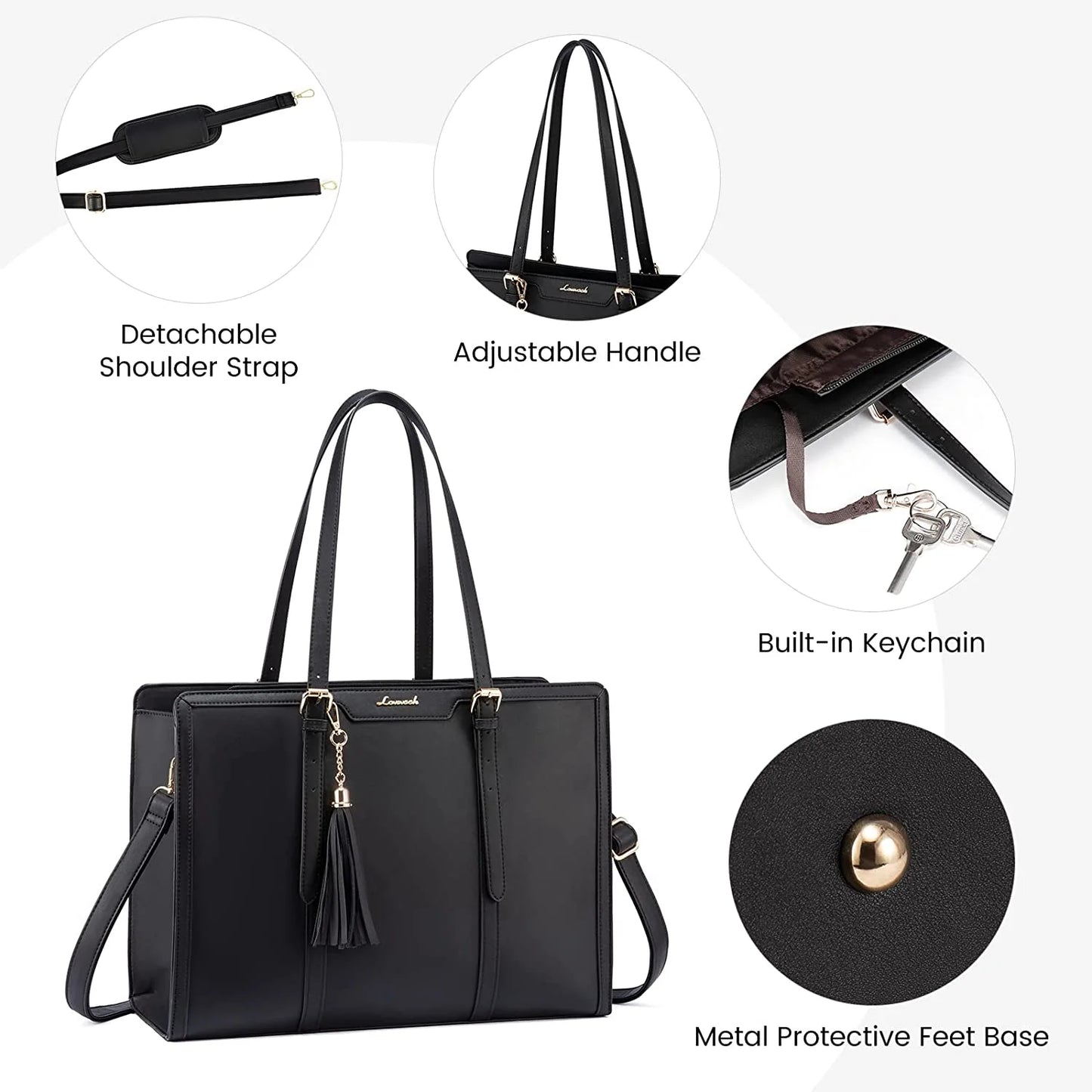 Laptop Tote Bag for Women,Pu Leather Laptop Purses,Large Capacity Laptop Bag Computer Bag with Clutch Purse for Business,Work,Study,Office,Travel-Black