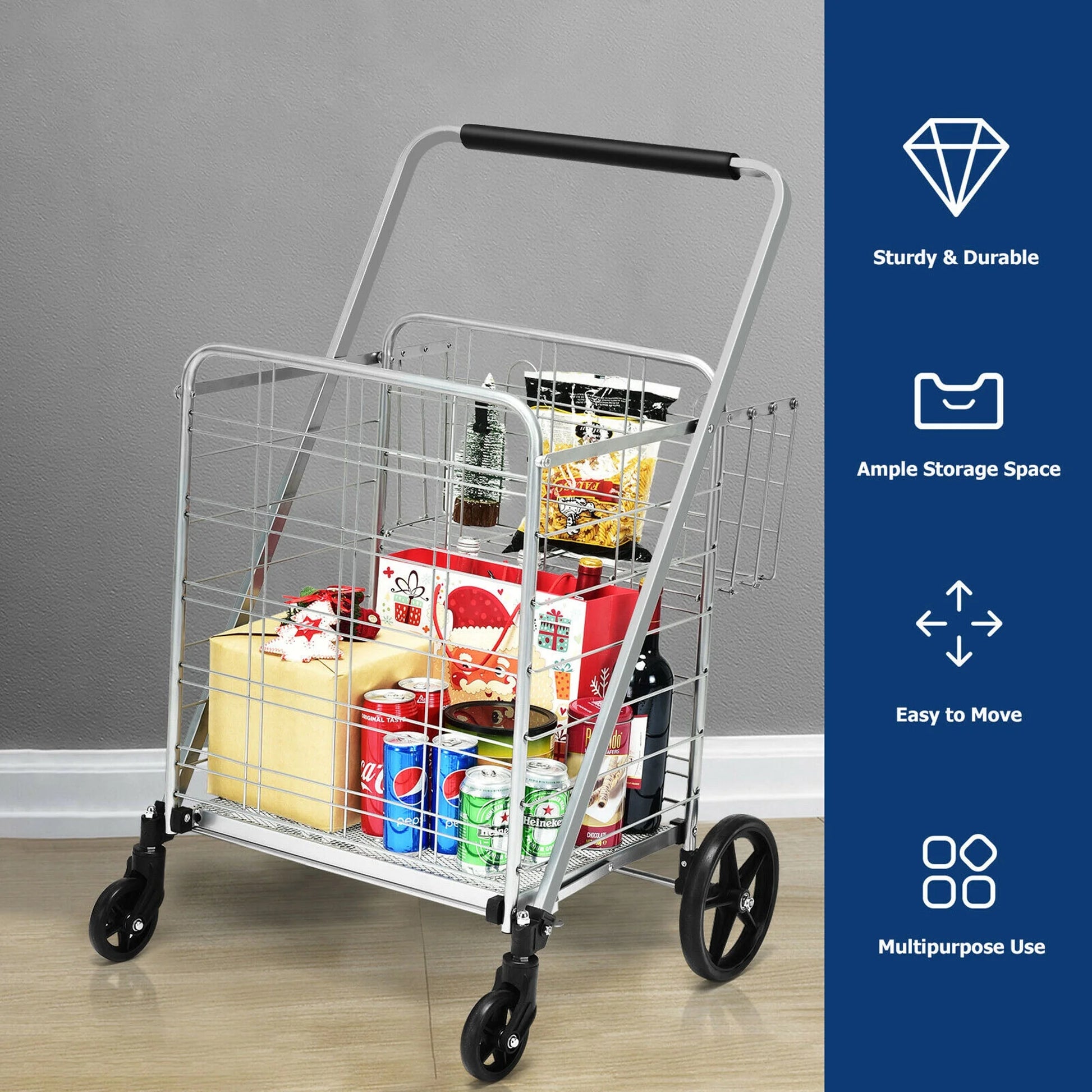 330Lbs Heavy Duty Folding Shopping Cart Utility Jumbo Double Basket Silver