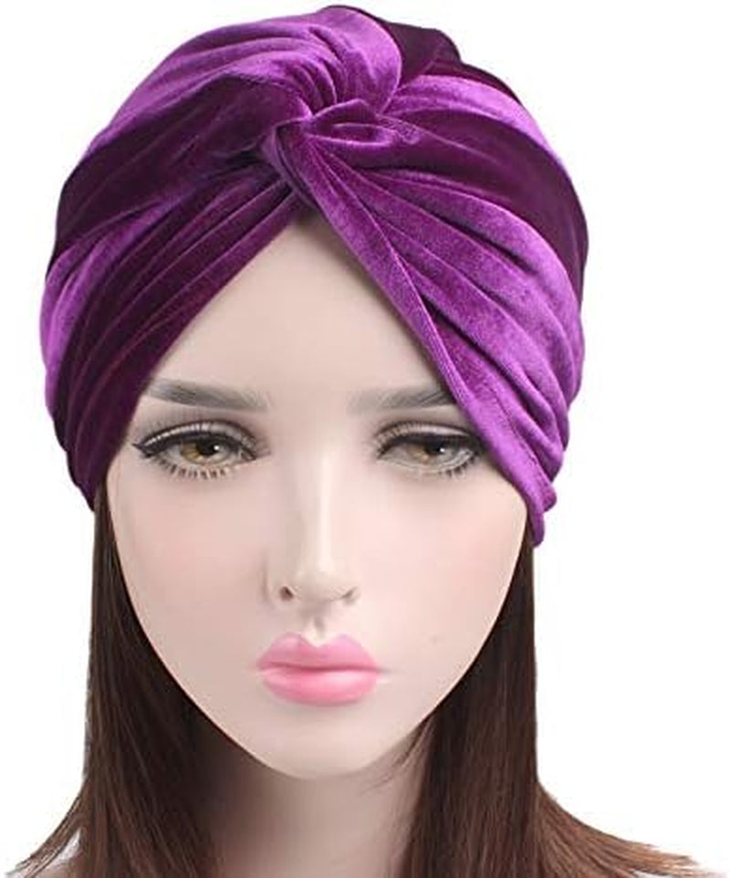 Women'S Stretch Velvet Twist Pleasted Hair Wrap Turban Hat Cancer Chemo Beanie Cap Headwear