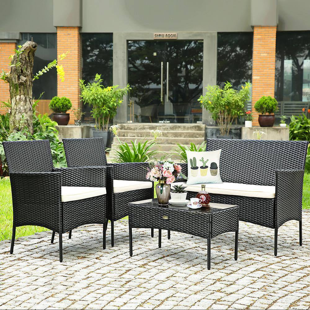4-Piece Wicker Patio Conversation Set with White Cushions, Outdoor Rattan Furniture Set, Loveseat, Sofa Garden