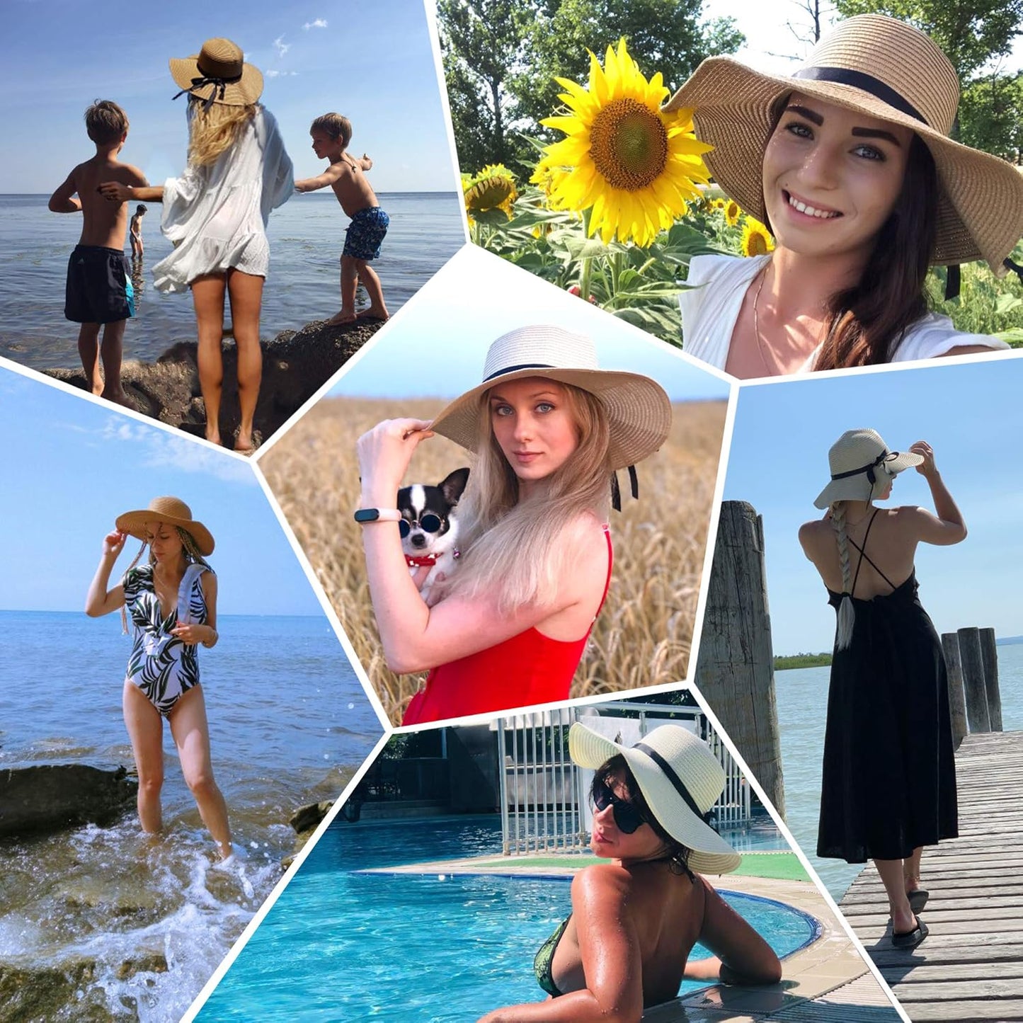 Womens Wide Brim Straw Sun Hat Floppy Foldable Roll up Cap UPF 50+ Summer Beach Hats