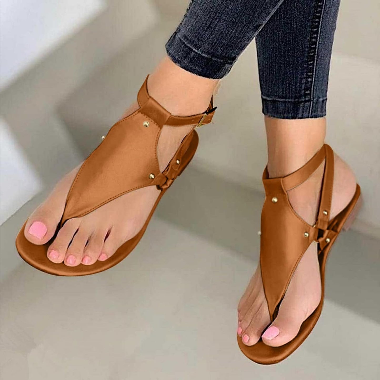 Beach Sandals Casual Summer,Fashion Slip-On Ankel Strap Crystal Sandals Roman Shoes Casual Summer Beach Sandals, Brown, 8