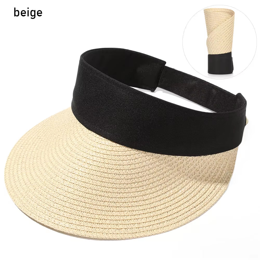 Summer Empty Top Suncap Portable Foldable Magic Tape Roll-Up Beach Hat Wide Brim Women Sun Hat Fashion Casual Straw Cap Visors