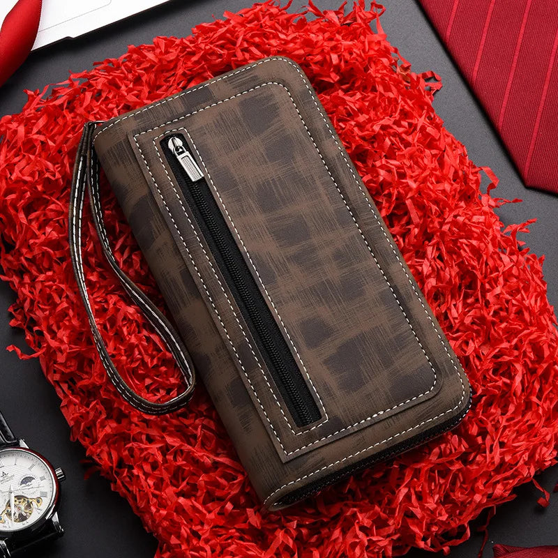 Men'S Long Wallet Vintage Zipper Coin Purses Credit Card Holder Business Clutch Bag Phone Money Purses Porable PU Leather Wallet