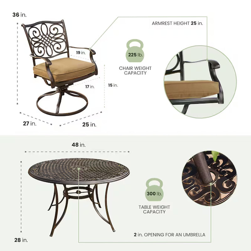 Traditions 5 -Piece Bronze Patio Dining Set Aluminum round Table with 4 Tan Cushions Swivel Chairs