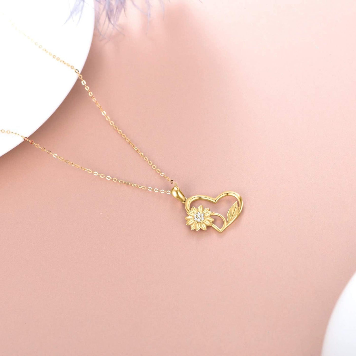 14K Gold Sunflower Heart Necklace for Women,"You Are My Sunshine" Real Gold Love Jewelry Gifts for Wife Girlfriend, Present for Her16"-18"