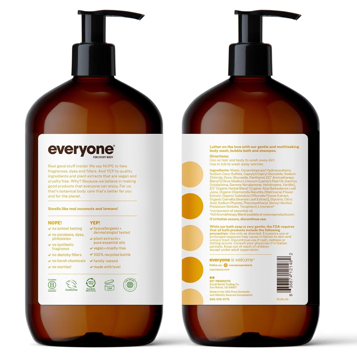 3-In-1 Soap, Body Wash, Bubble Bath, Shampoo, 32 Ounce (Pack of 2), Coconut and Lemon, Made with Essential Oils for Men and Women