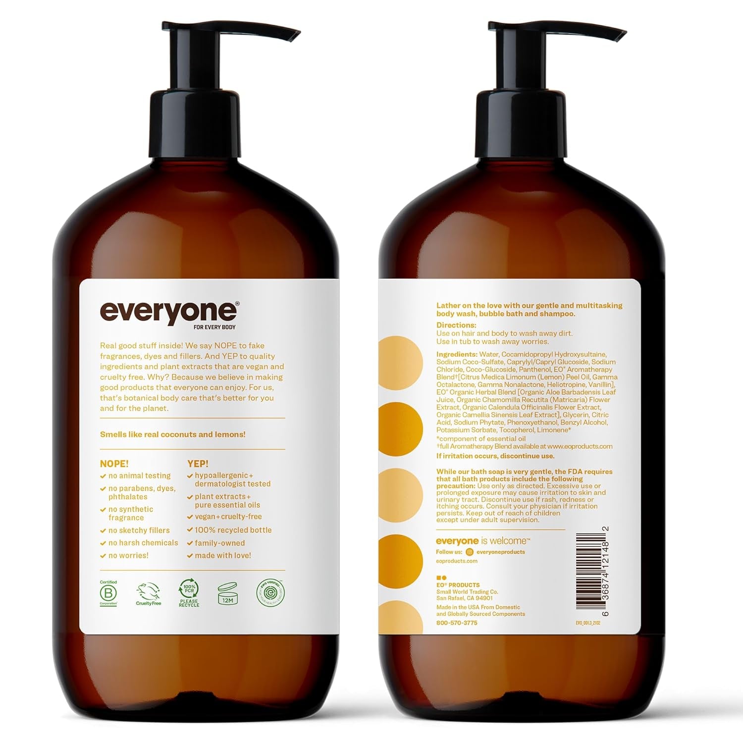 3-In-1 Soap, Body Wash, Bubble Bath, Shampoo, 32 Ounce (Pack of 2), Coconut and Lemon, Made with Essential Oils for Men and Women
