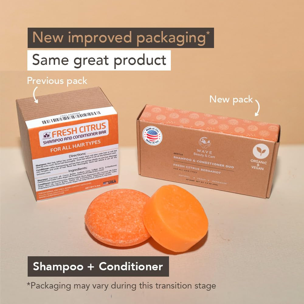 Fresh Citrus Shampoo Bar & Conditioner Bar Set - Vegan & Sulfate-Free - Handmade Moisturizing Solid Bars for All Hair Types - Convenient for Travel, Long-Lasting, (80-120 Uses) - Citrus