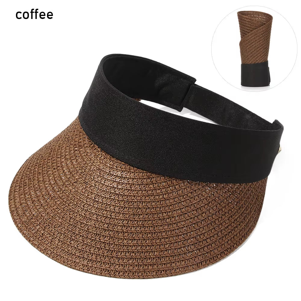 Summer Empty Top Suncap Portable Foldable Magic Tape Roll-Up Beach Hat Wide Brim Women Sun Hat Fashion Casual Straw Cap Visors