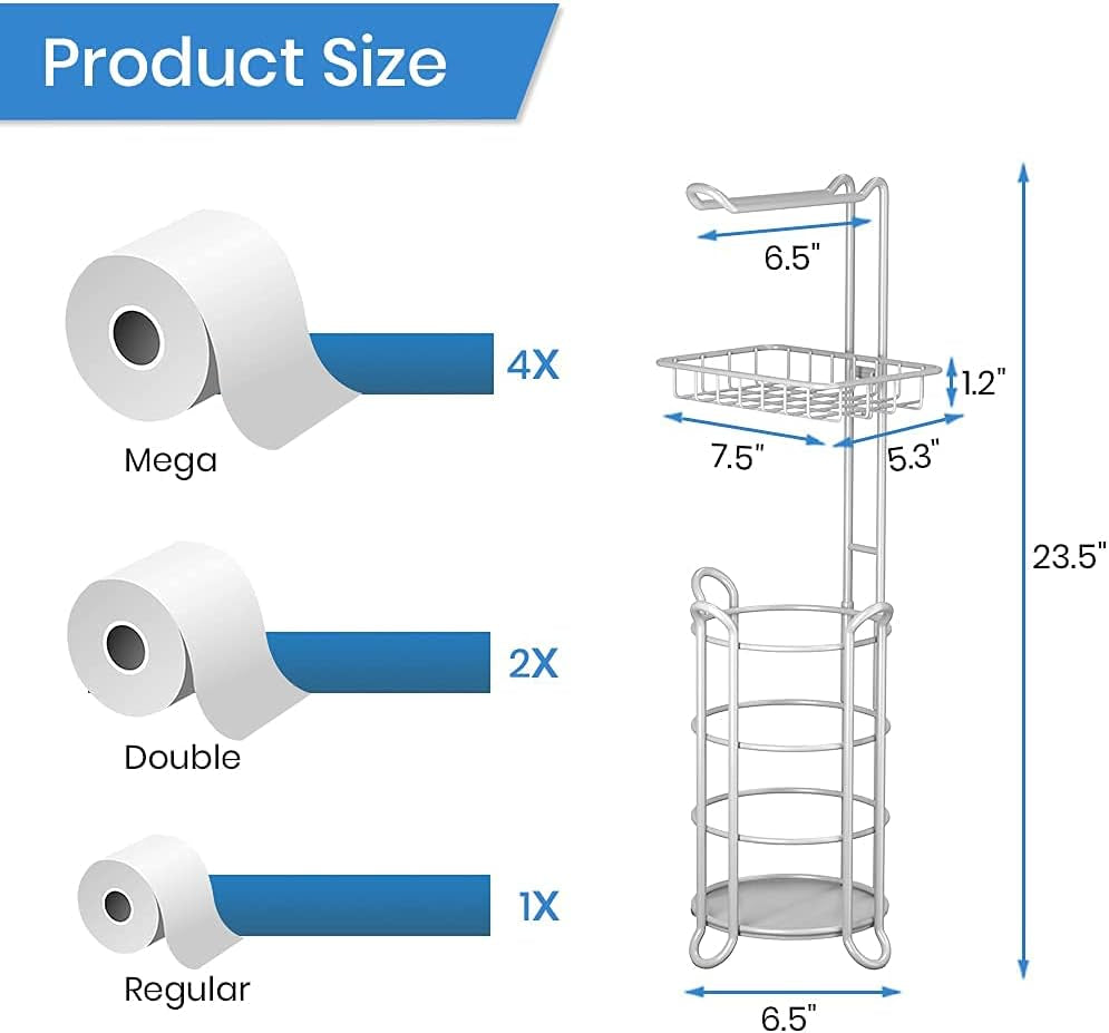 Toilet Paper Roll Holder Stand Bathroom Tissue Holders Free Standing with Middle Shelf Storage Reserve Mega Rolls/Phone/Wipe-Gray