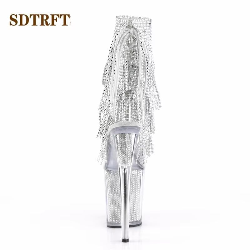 Stilettos 20Cm Thin Heels Ankle Boots Transparent Platforms Shoes Woman Rhinestone Tassels Botas Mujer Sequined Pumps