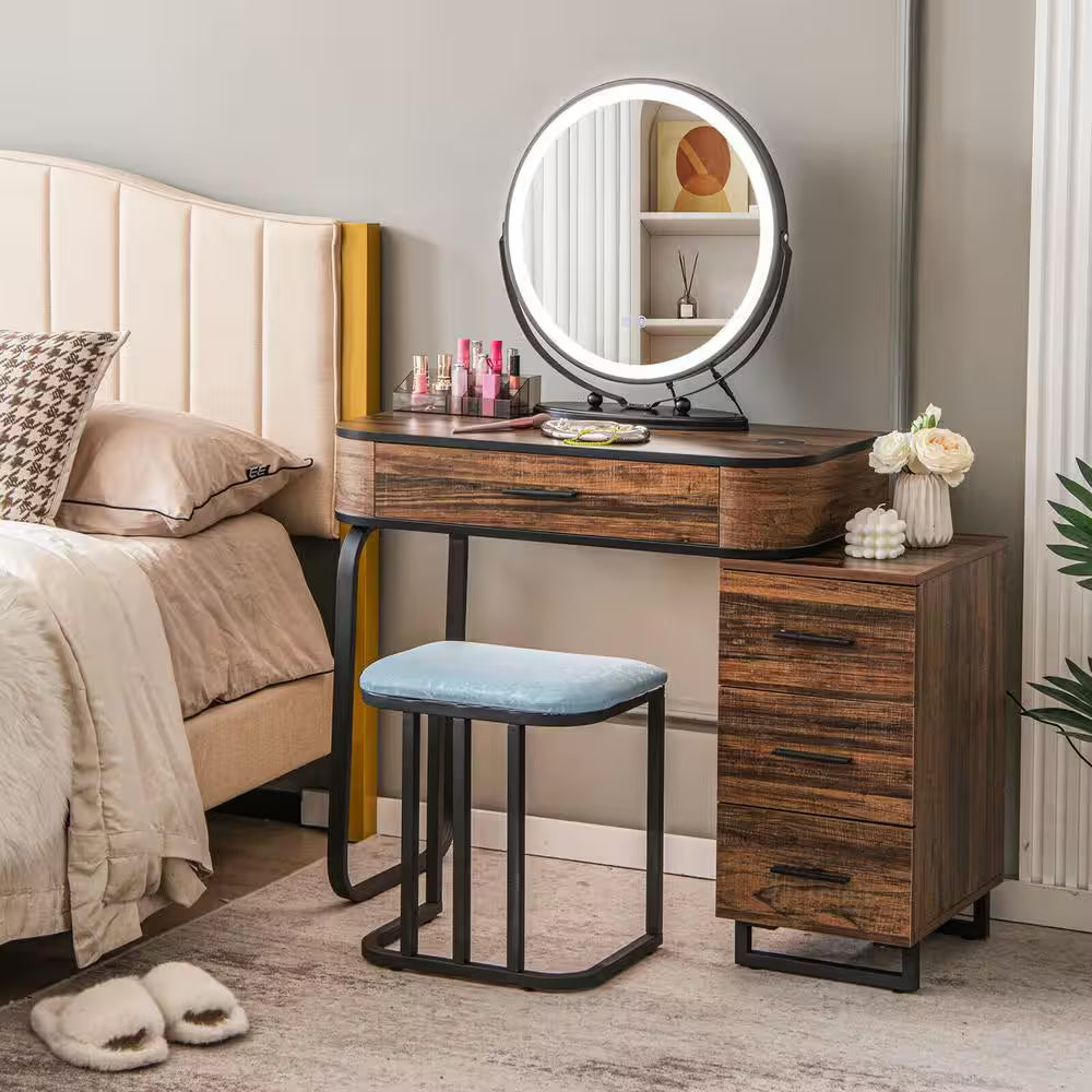 Brown 4 Drawer 31.5 In. Vanity Table Set with 3-Color Lighted Mirror and Charging Station Chest of Drawers