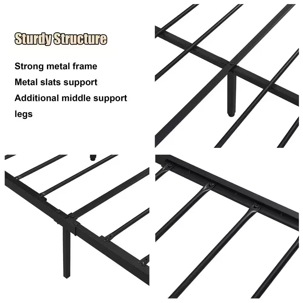 Modern Industrial Black Metal Frame Queen Platform Bed with Wooden Storage Headboard, Charging Station, Underbed Storage