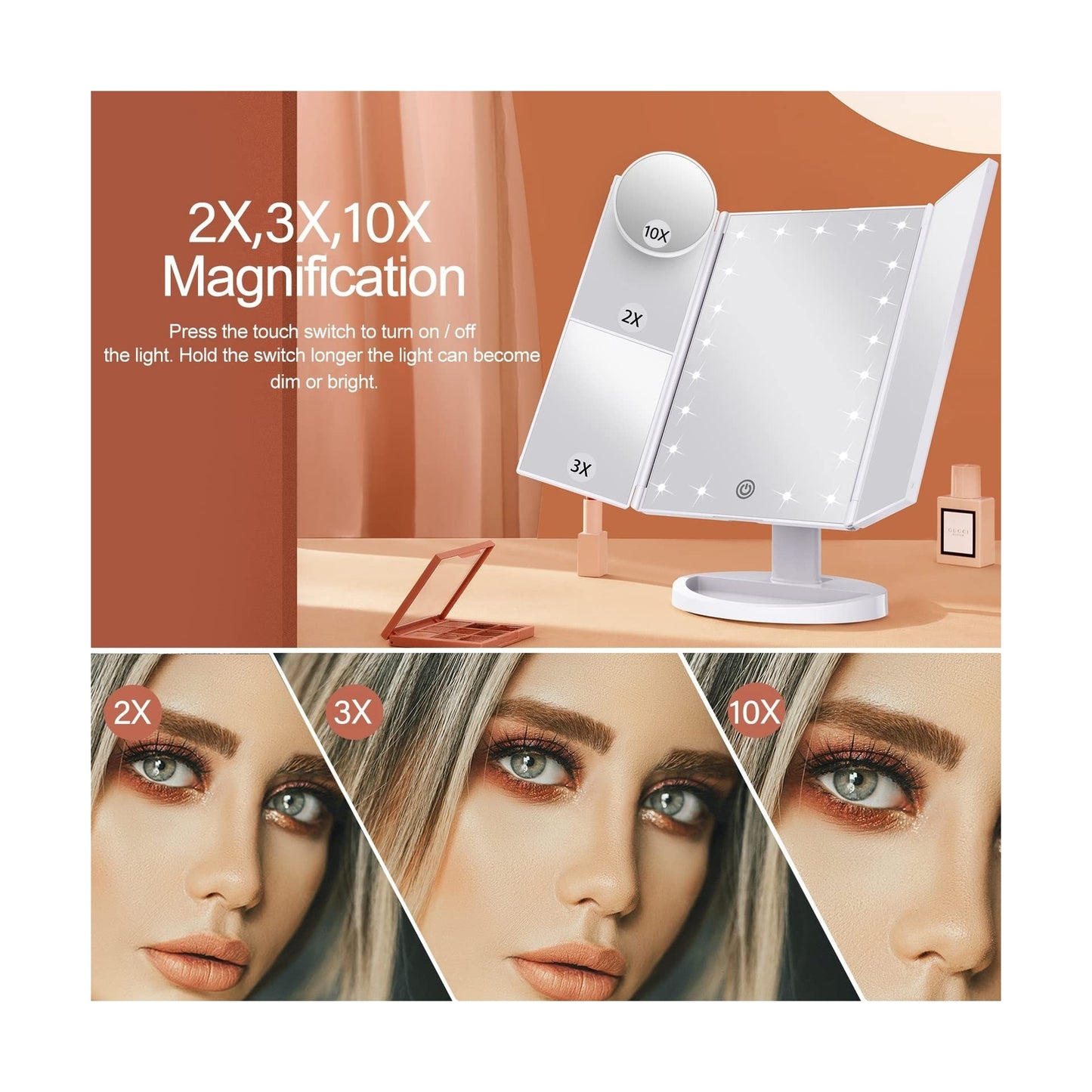 Makeup Mirror Vanity Mirror with Lights, 2X 3X 10X Magnification, Lighted Mak...