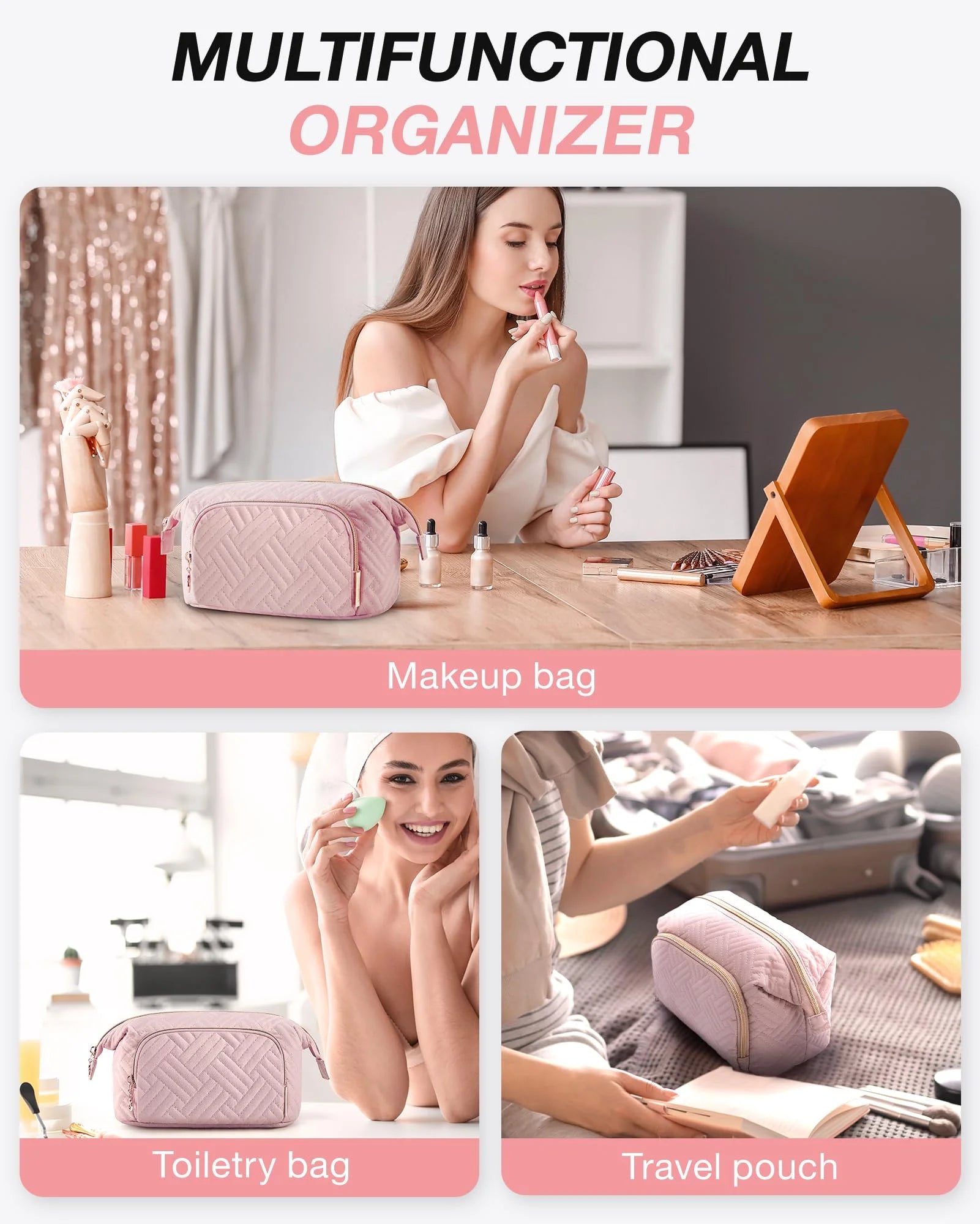 Large Capacity Makeup Bag Cosmetic Pouch, Wide-Open Travel Toiletry Bag Organizer Case for Lipsticks Electonic Accessories, Waterproof Portable, Multifunction, Pink