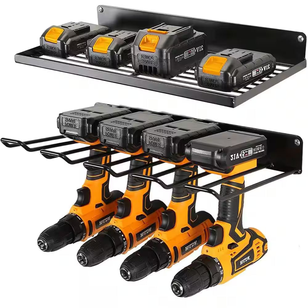 Black Utility Storage Rack, Wall Mounted Power Tool Organizer Holder with 2-Layers and 4-Drill Holder