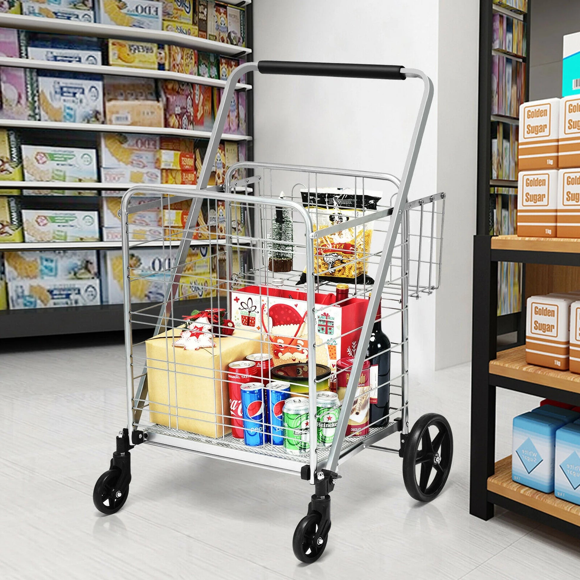 330Lbs Heavy Duty Folding Shopping Cart Utility Jumbo Double Basket Silver