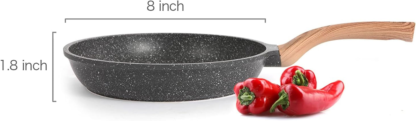 Nonstick Frying Pan Skillet Granite Coating Egg Omelet Pan 8 Inch Nonstick Pan with Woodgrain Handle, Non Stick Cooking Pans for All Stove Tops, PTFE PFOA Free, Induction Compatible