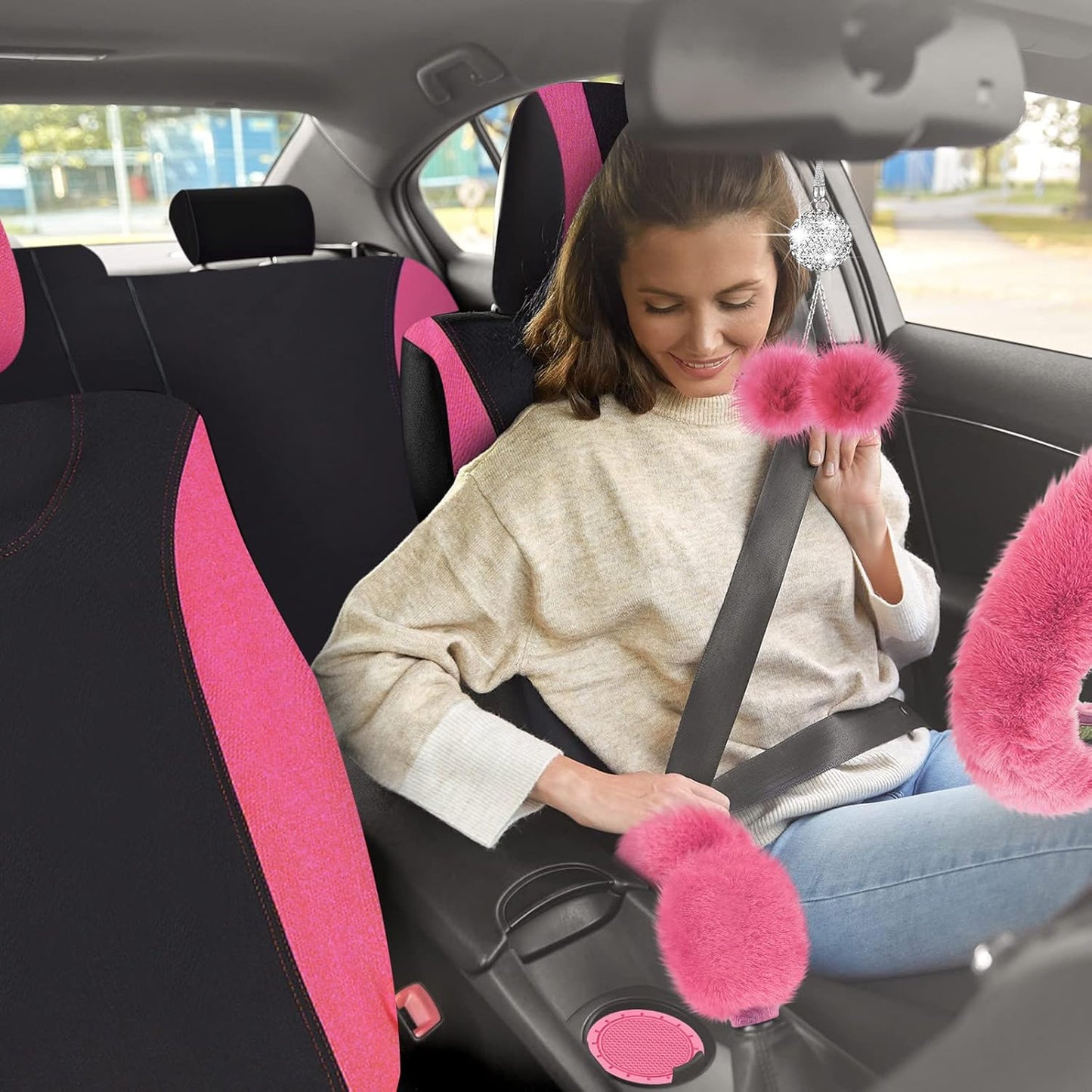 17 Pcs Car Seat Cover Full Set for Women Fluffy Fuzzy Car Accessories Christmas Front Rear Steering Wheel Fleece Handbrake Shift Covers Hanging Accessory Holder Ring Emblem(Pink Black)