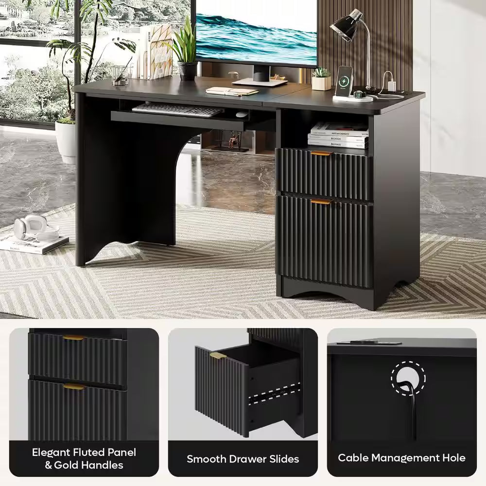 55 In. Black Office Desk with Power Outlets, 2-Storage Drawers and Keyboard Tray
