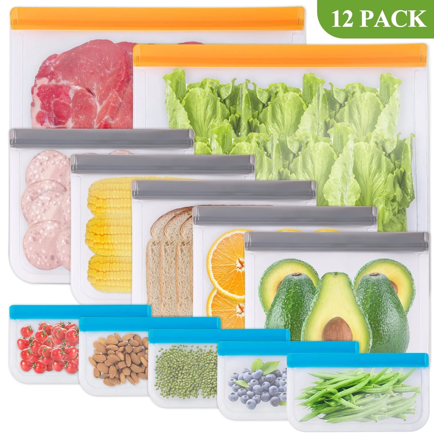 12 Pack Reusable Freezer Bags, Reusable Gallon Food Storage Bags Leakproof Bags