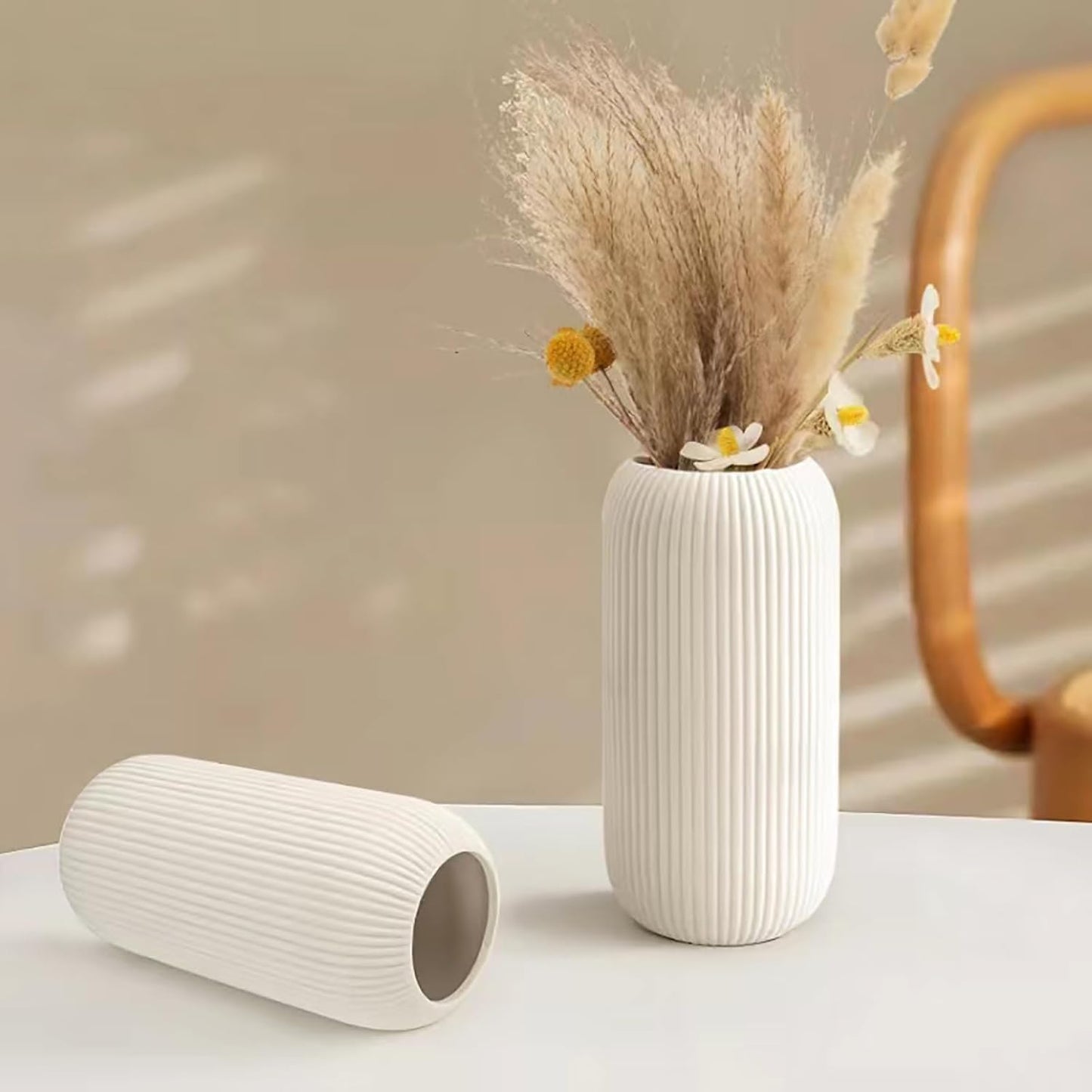 White Ceramic Vase for Flowers, 8 INCH Modern Small Ribbed Textured White Flower