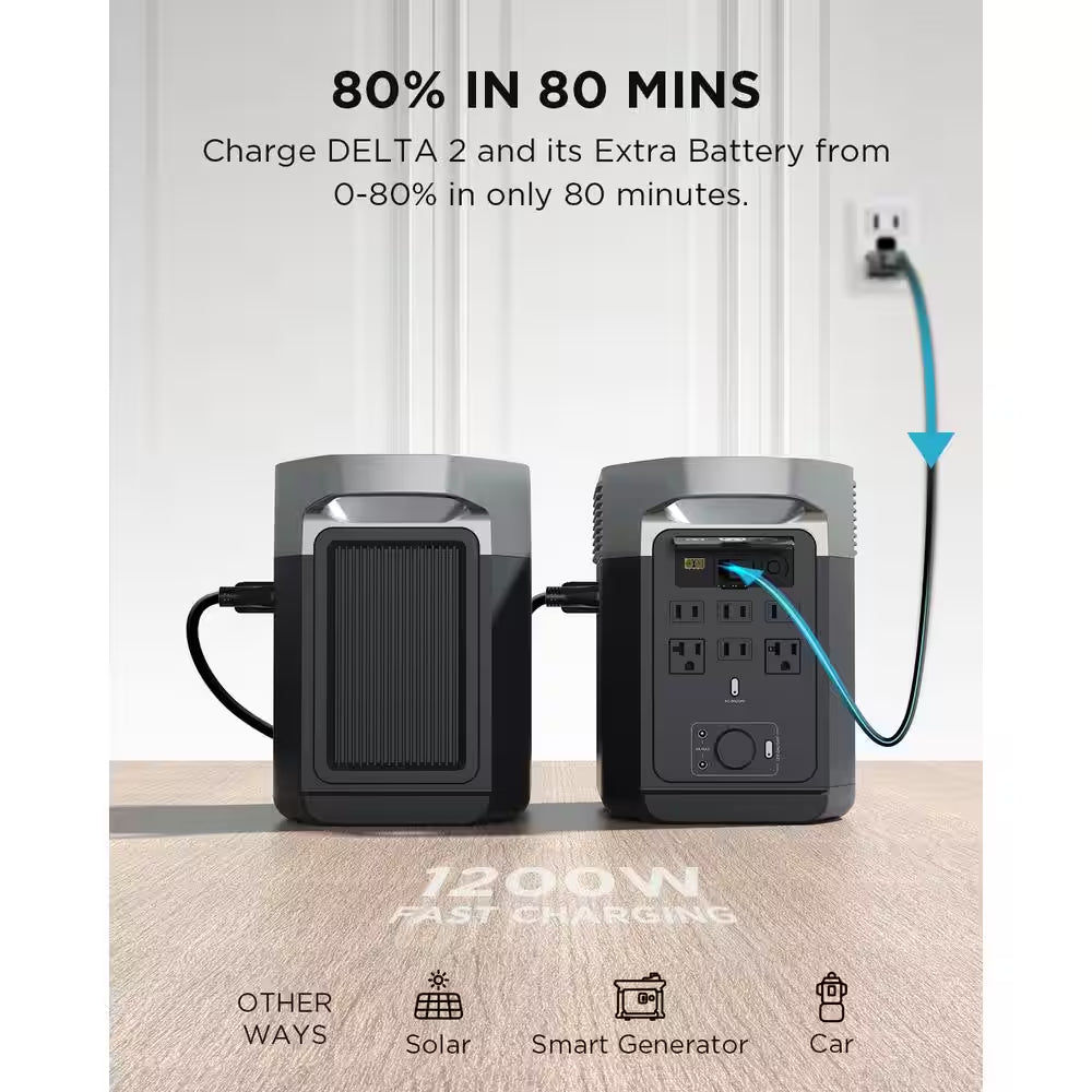 1800W Output/2700W Peak Delta 2 Push-Button Start Power Station Battery Generator with DELTA 2 Extra Battery
