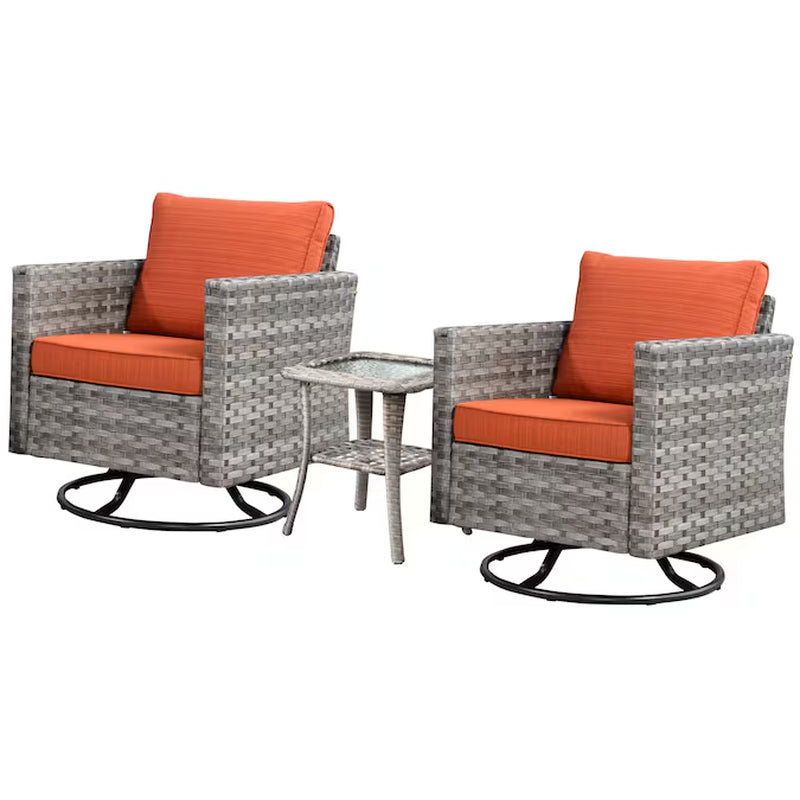 Shine Set of 2 Rattan Gray Swivel Rocker Rocking Chair with Orange Cushioned Seat