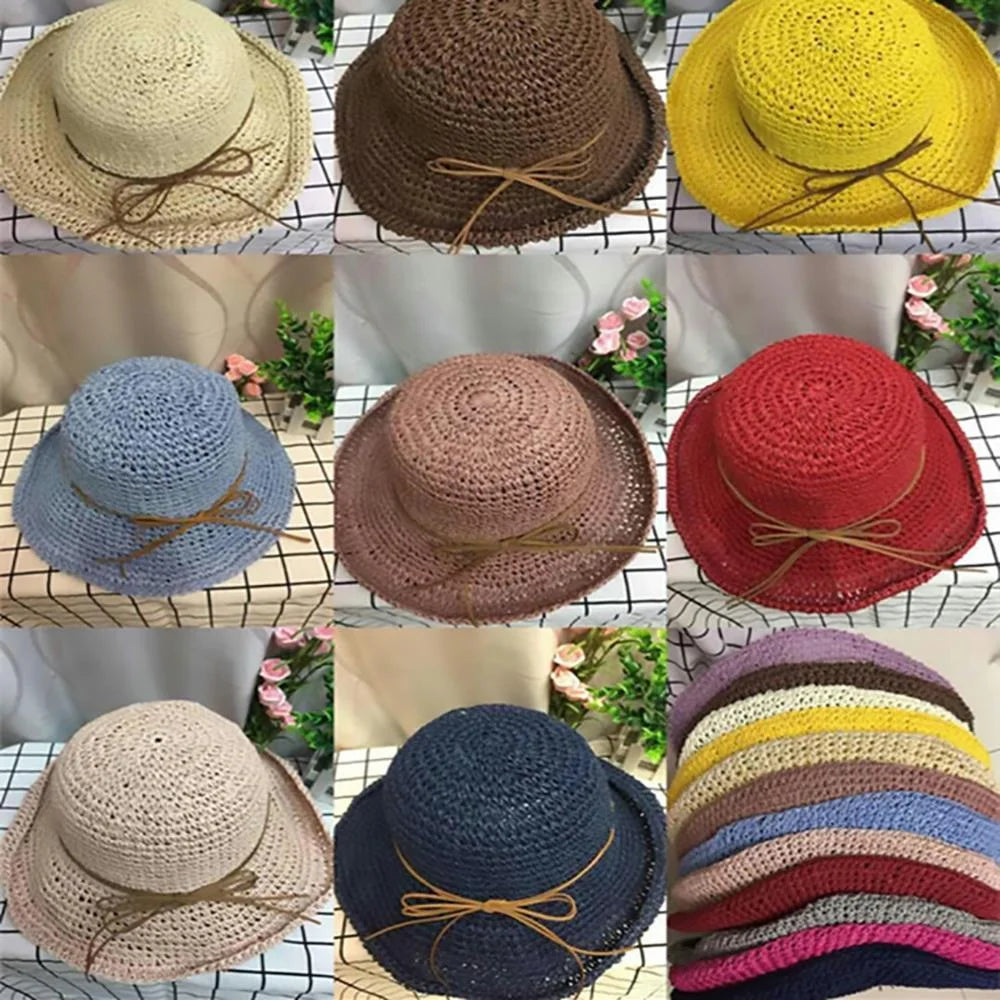 Womens Beach Sun Straw Hat Floppy Straw Sun Hat Travel Foldable Brim Summer Outdoor Sun Visor Hat for Women Girl Summer Outdoor Shade Tied Bow Foldable Hand-Woven,Beige