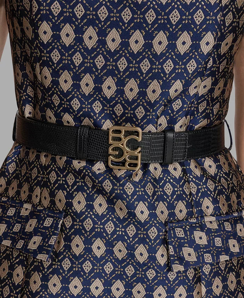 Women'S Belted Metallic Jacquard A-Line Dress