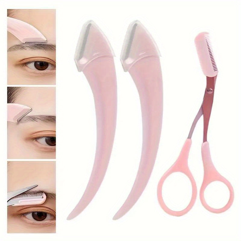 2 crescent shaped eyebrow trimmers+1 pink eyebrow trimmer, pink eyebrow trimmer scissors with built-in comb, stainless steel material, precise grooming tool, creating perfect eyebrows
