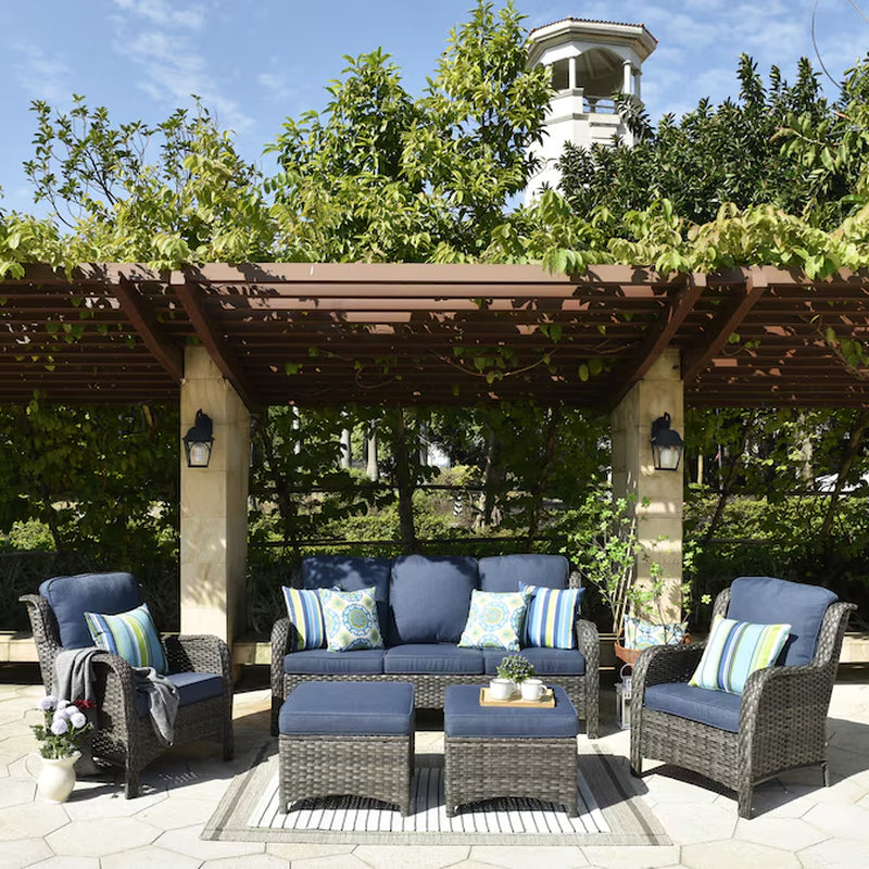5 -Piece Wicker Patio Sofa Conversation Set with Gray Cushions