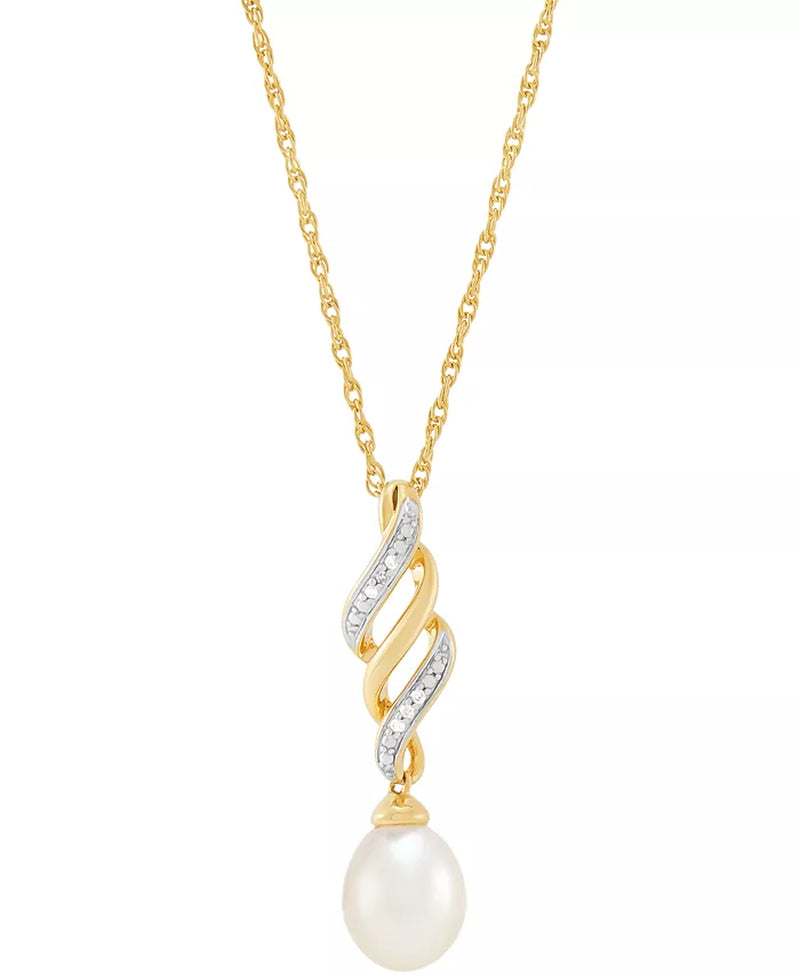 2-Pc. Set Cultured Freshwater Pearl (6 & 7Mm) & Diamond Accent Swirl Pendant Necklace & Matching Drop Earrings in 14K Gold-Plated Sterling Silver
